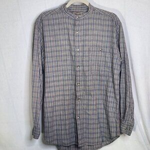 Bogari Studio Gray Brown Check LS Cotton Band Collar Waffle Weave Shirt Size M